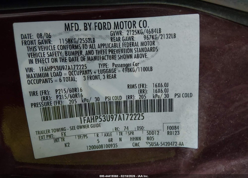 2007 FORD TAURUS SE VIN: 1FAHP53U97A172225
