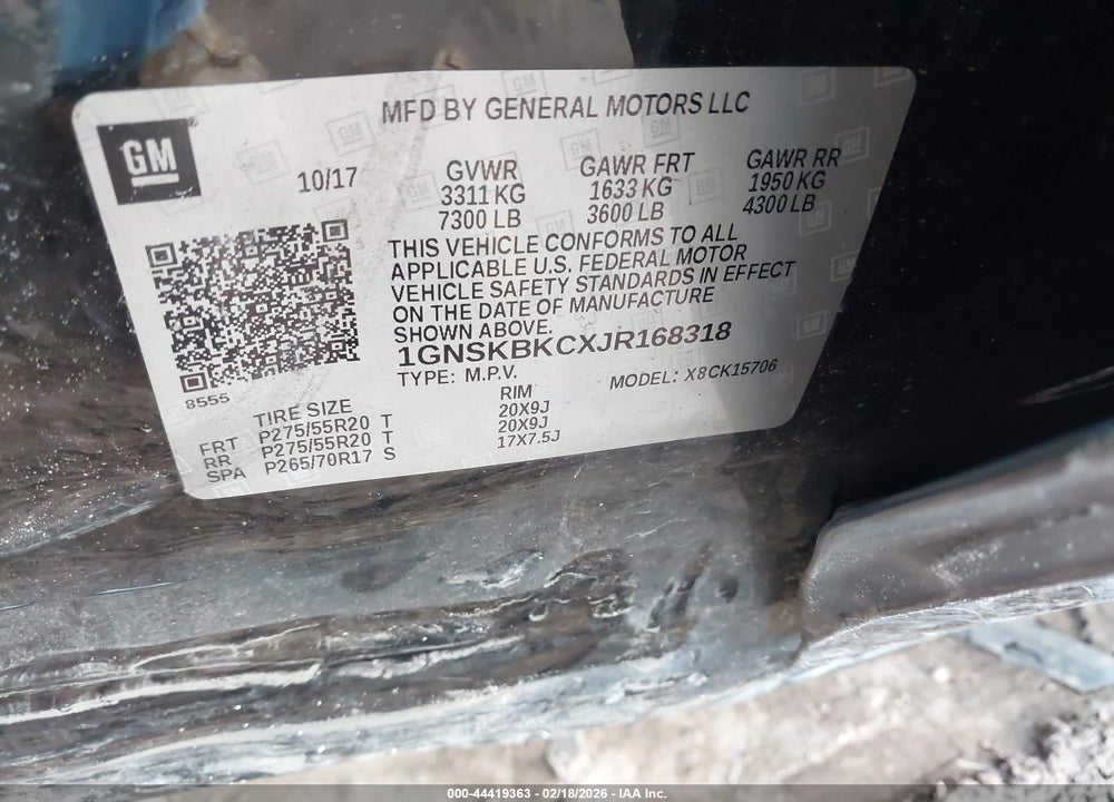 2018 CHEVROLET TAHOE LT VIN: 1GNSKBKCXJR168318