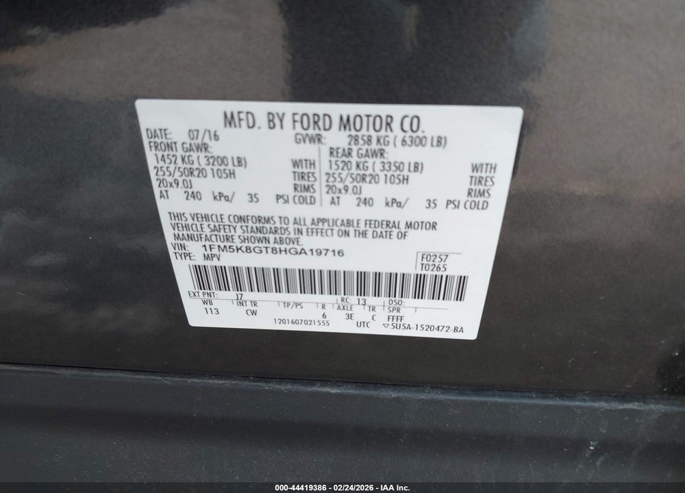 2017 FORD EXPLORER SPORT VIN: 1FM5K8GT8HGA19716