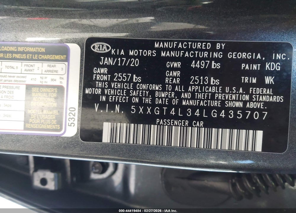 2020 KIA OPTIMA S VIN: 5XXGT4L34LG435707