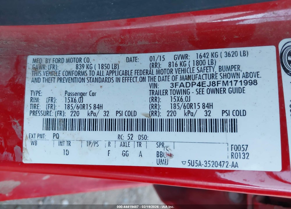 2015 FORD FIESTA SE VIN: 3FADP4EJ8FM171998