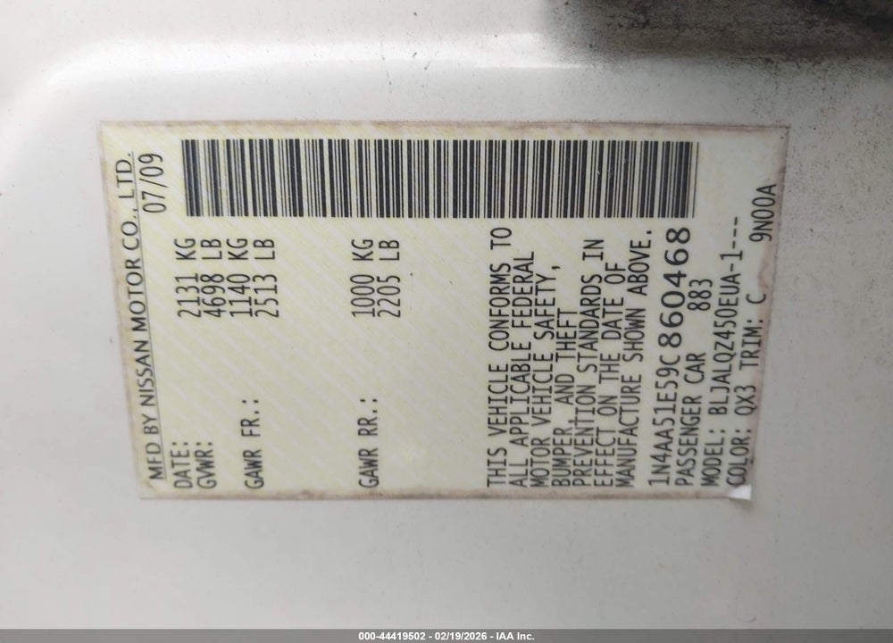 2009 NISSAN MAXIMA 3.5 S VIN: 1N4AA51E59C860468