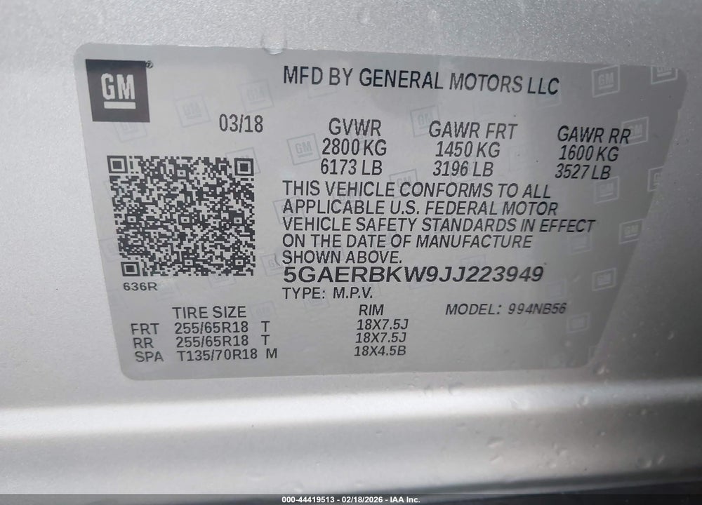 2018 BUICK ENCLAVE ESSENCE VIN: 5GAERBKW9JJ223949