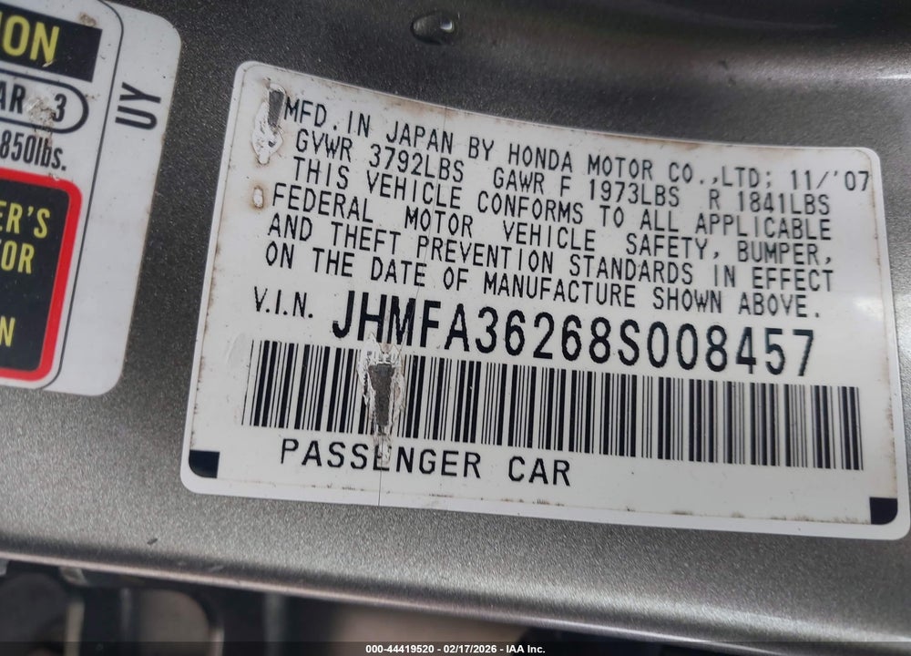 2008 HONDA CIVIC HYBRID VIN: JHMFA36268S008457