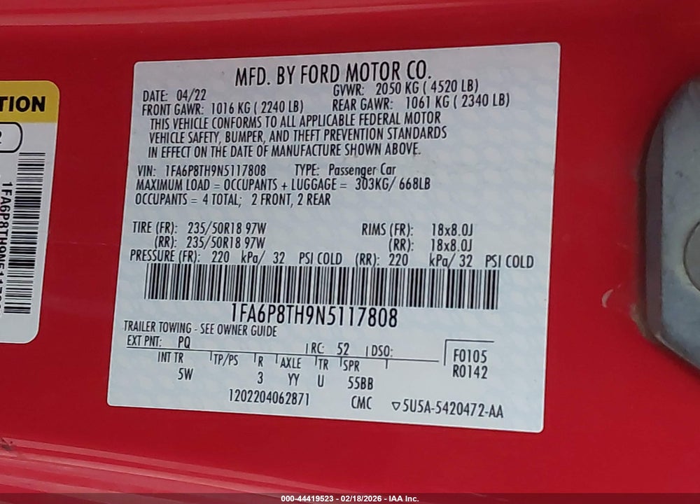 2022 FORD MUSTANG ECOBOOST PREMIUM FASTBACK VIN: 1FA6P8TH9N5117808