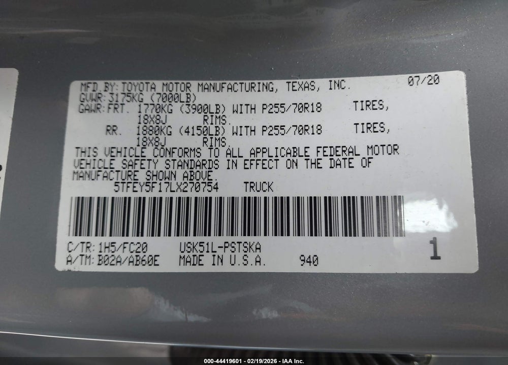 2020 TOYOTA TUNDRA SR5 VIN: 5TFEY5F17LX270754
