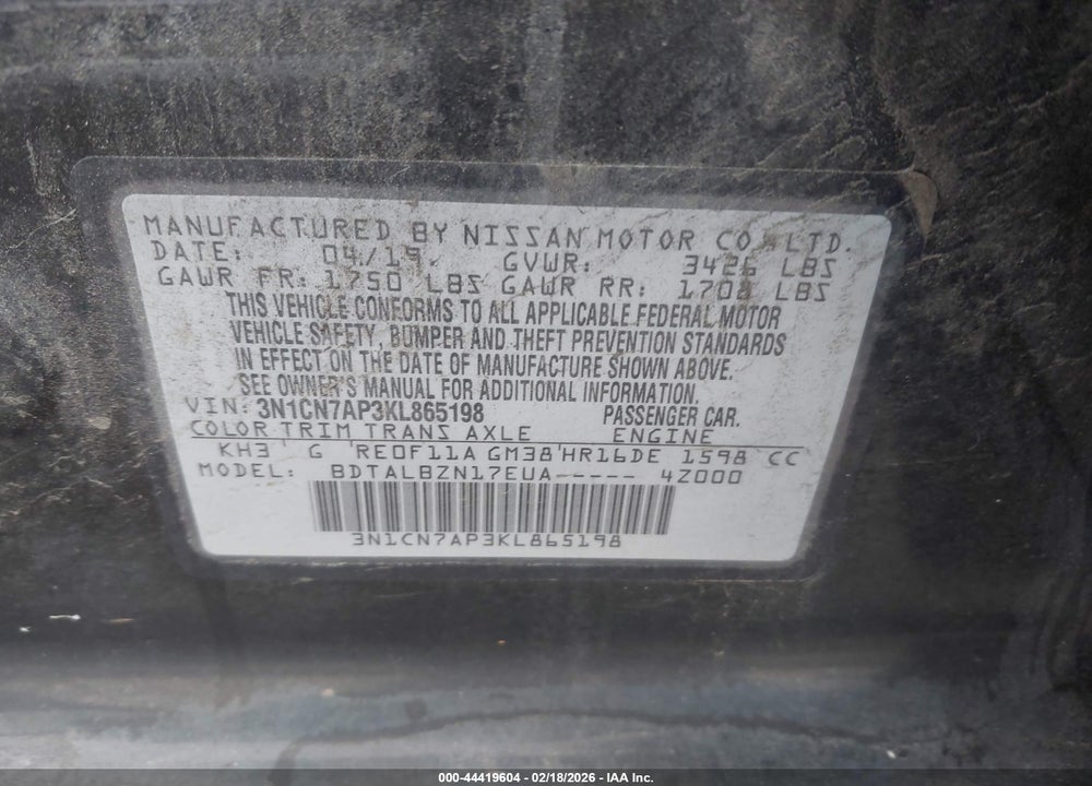 2019 NISSAN VERSA 1.6 SV VIN: 3N1CN7AP3KL865198