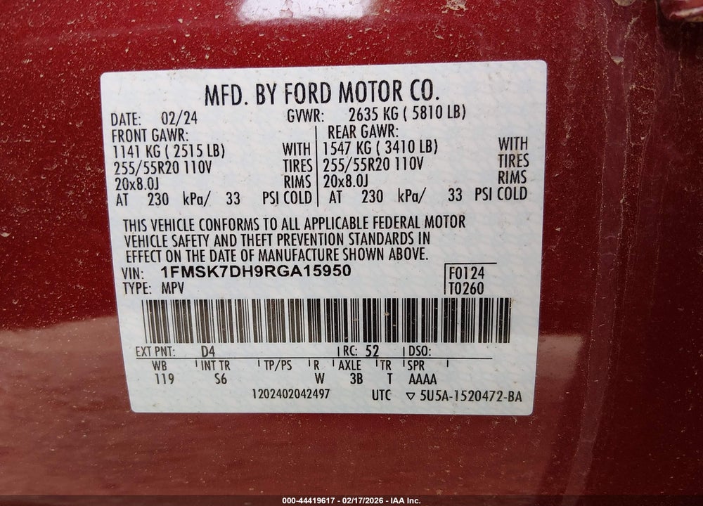 2024 FORD EXPLORER XLT VIN: 1FMSK7DH9RGA15950