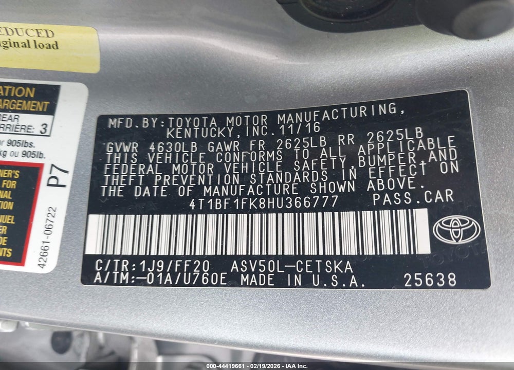 2017 TOYOTA CAMRY SE VIN: 4T1BF1FK8HU366777