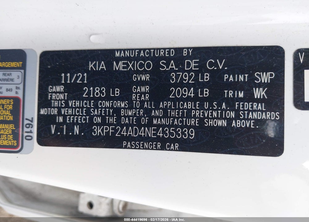 2022 KIA FORTE LXS VIN: 3KPF24AD4NE435339