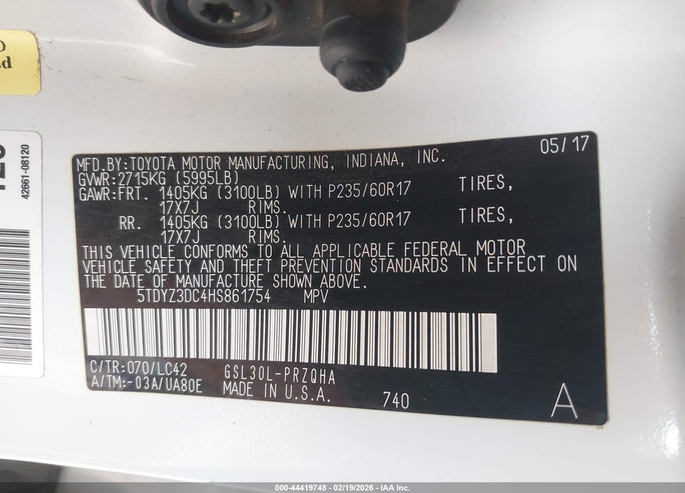 2017 TOYOTA SIENNA XLE PREMIUM 8 PASSENGER VIN: 5TDYZ3DC4HS861754