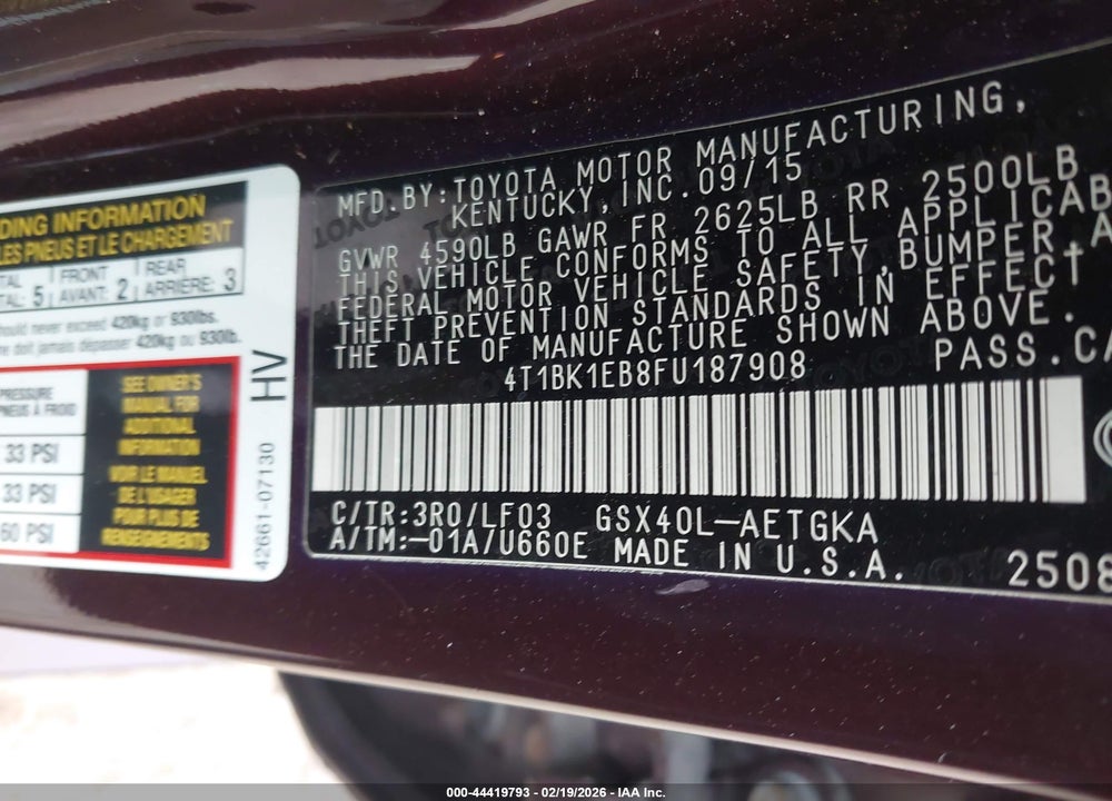 2015 TOYOTA AVALON XLE PREMIUM VIN: 4T1BK1EB8FU187908