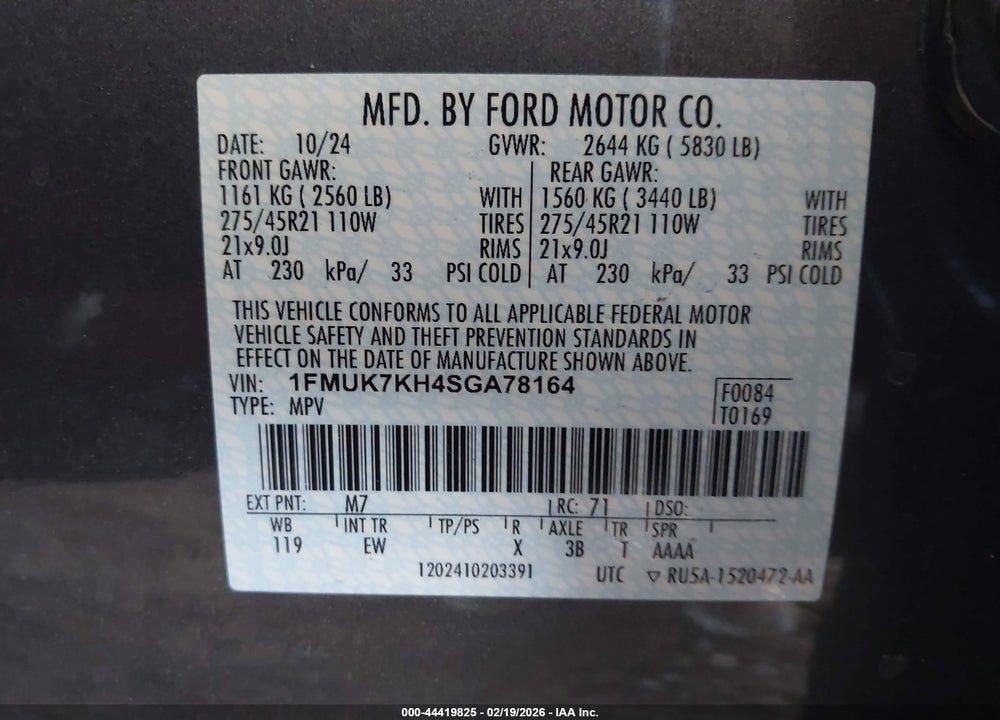 2025 FORD EXPLORER ST-LINE VIN: 1FMUK7KH4SGA78164