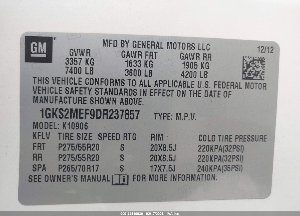 2013 GMC YUKON XL 1500 DENALI VIN: 1GKS2MEF9DR237857
