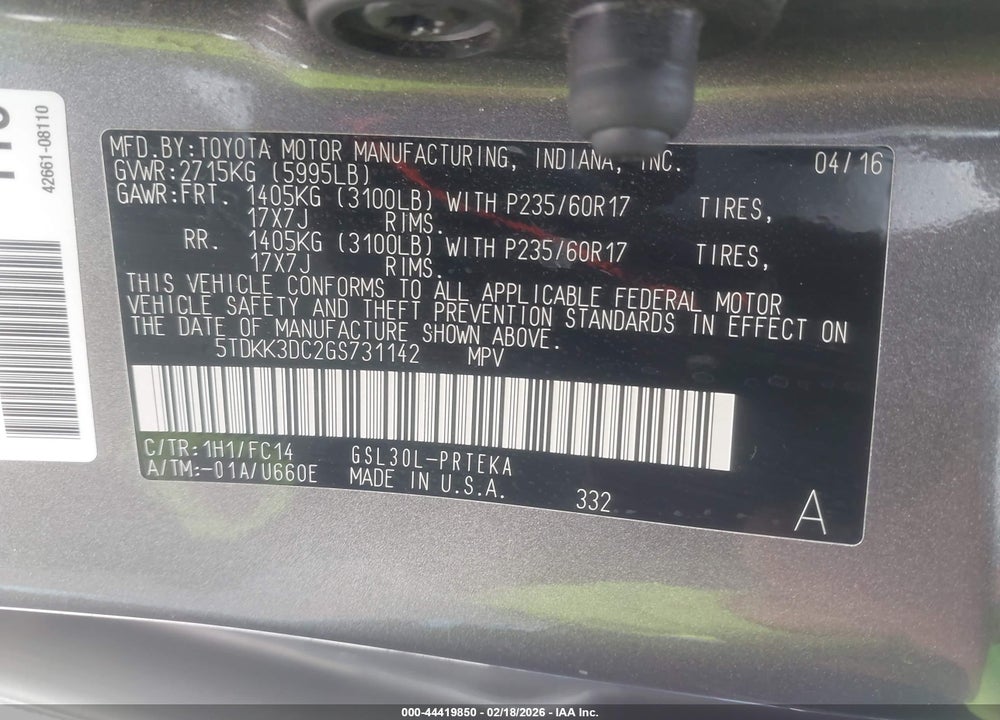 2016 TOYOTA SIENNA LE 8 PASSENGER VIN: 5TDKK3DC2GS731142