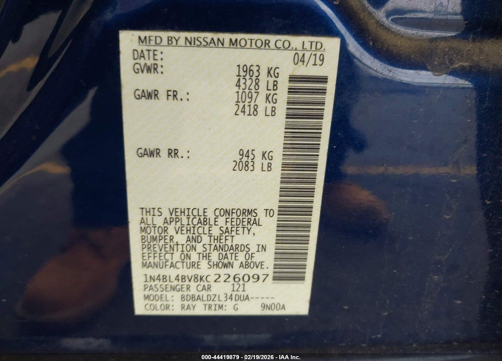 2019 NISSAN ALTIMA 2.5 S VIN: 1N4BL4BV8KC226097