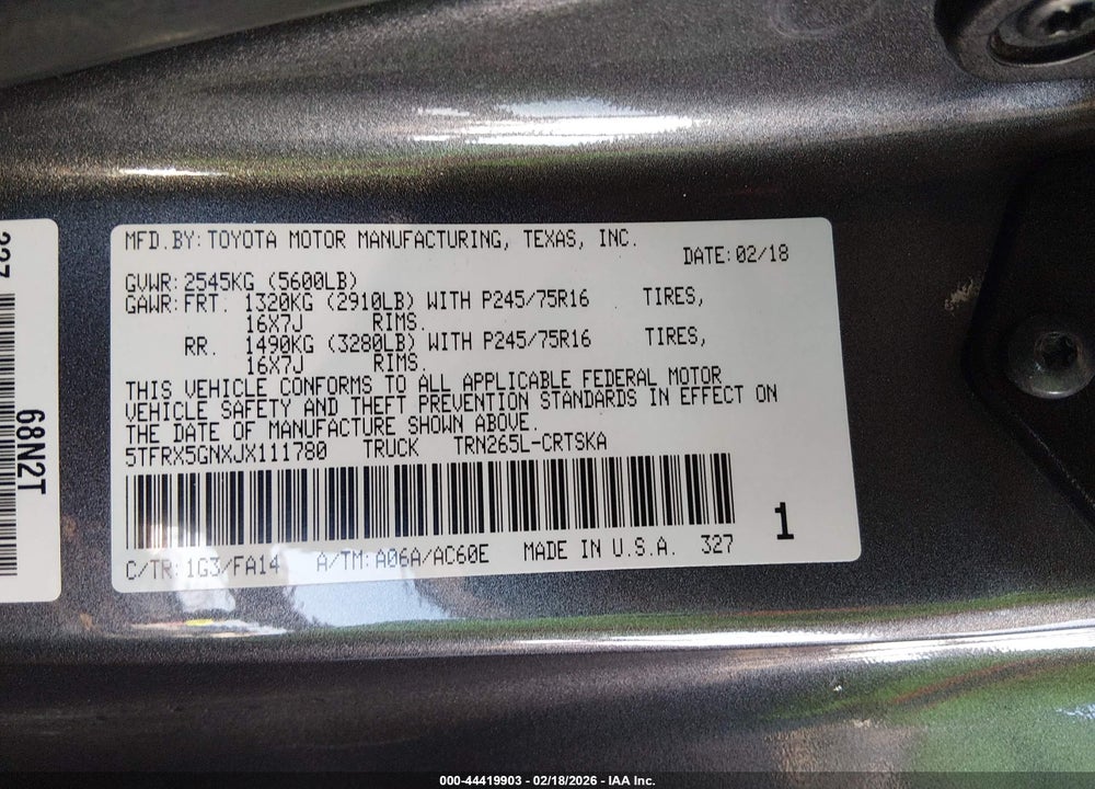 2018 TOYOTA TACOMA SR VIN: 5TFRX5GNXJX111780