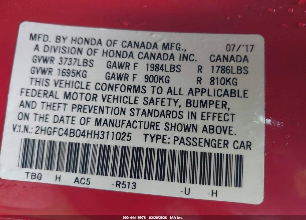 2017 HONDA CIVIC LX-P VIN: 2HGFC4B04HH311025