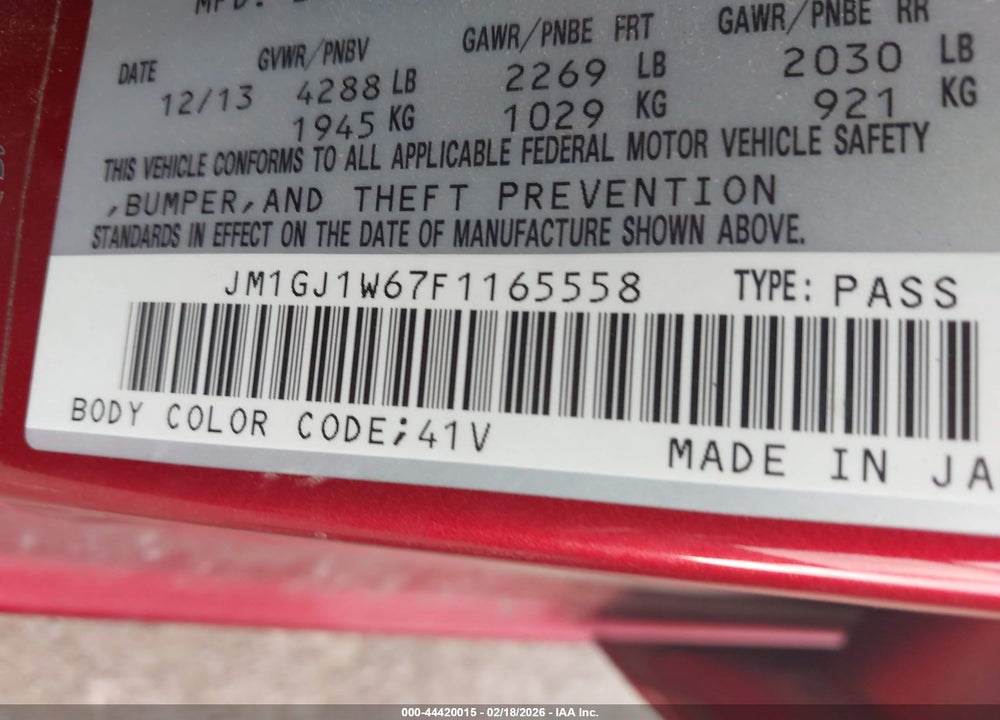 2015 MAZDA 6 I GRAND TOURING VIN: JM1GJ1W67F1165558