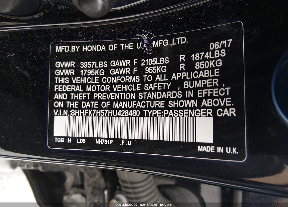 2017 HONDA CIVIC EX VIN: SHHFK7H57HU428480