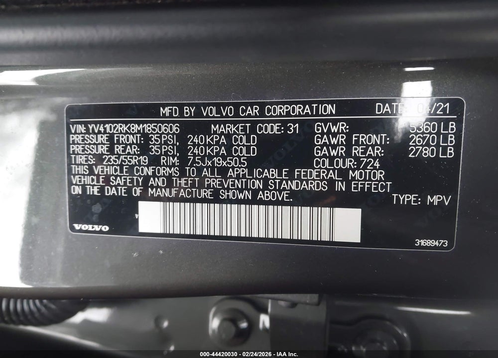 2021 VOLVO XC60 T5 MOMENTUM VIN: YV4102RK8M1850606