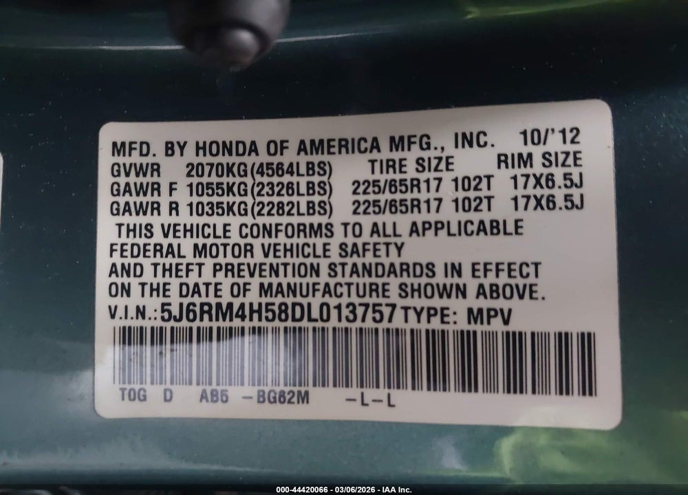 2013 HONDA CR-V EX VIN: 5J6RM4H58DL013757