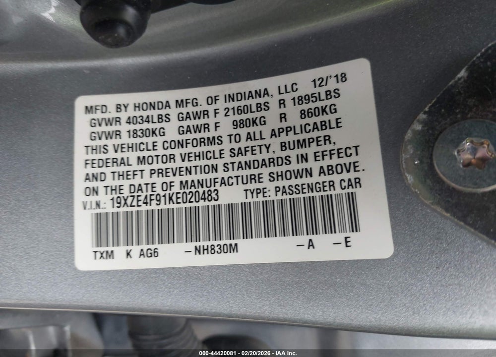 2019 HONDA INSIGHT TOURING VIN: 19XZE4F91KE020483