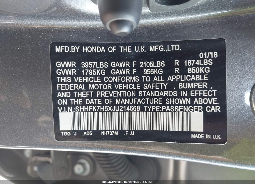 2018 HONDA CIVIC EX VIN: SHHFK7H5XJU214668