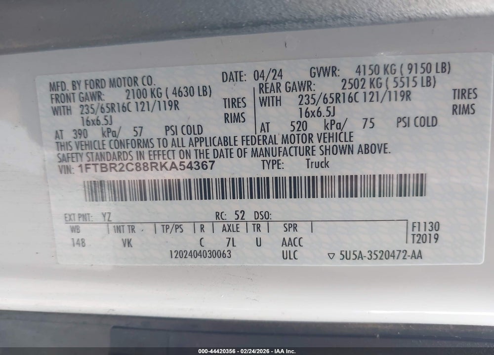 2024 FORD TRANSIT-250 VIN: 1FTBR2C88RKA54367