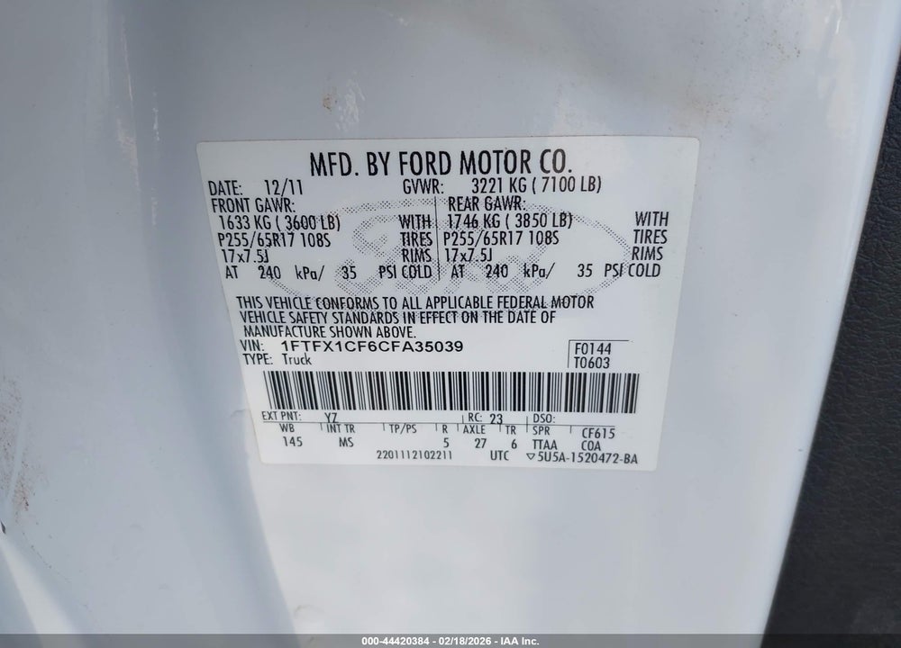 2012 FORD F-150 XLT VIN: 1FTFX1CF6CFA35039