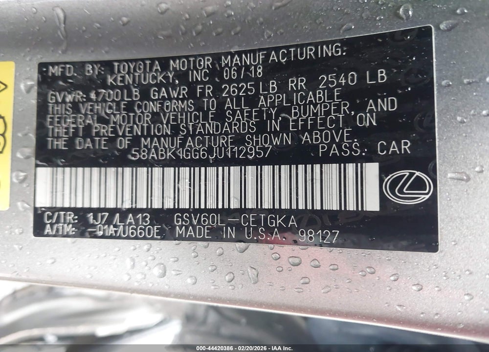 2018 LEXUS ES 350 VIN: 58ABK1GG6JU112957