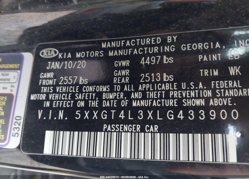 2020 KIA OPTIMA SE VIN: 5XXGT4L3XLG433900