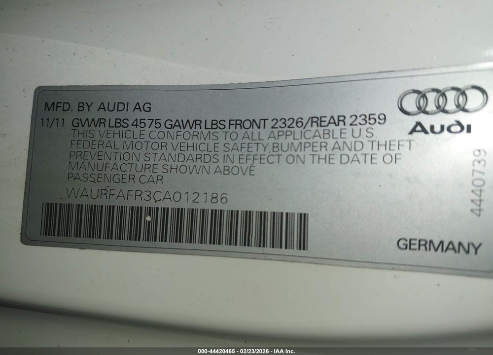 2012 AUDI A5 2.0T PREMIUM VIN: WAURFAFR3CA012186
