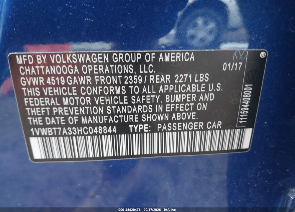 2017 VOLKSWAGEN PASSAT 1.8T SE VIN: 1VWBT7A33HC048844
