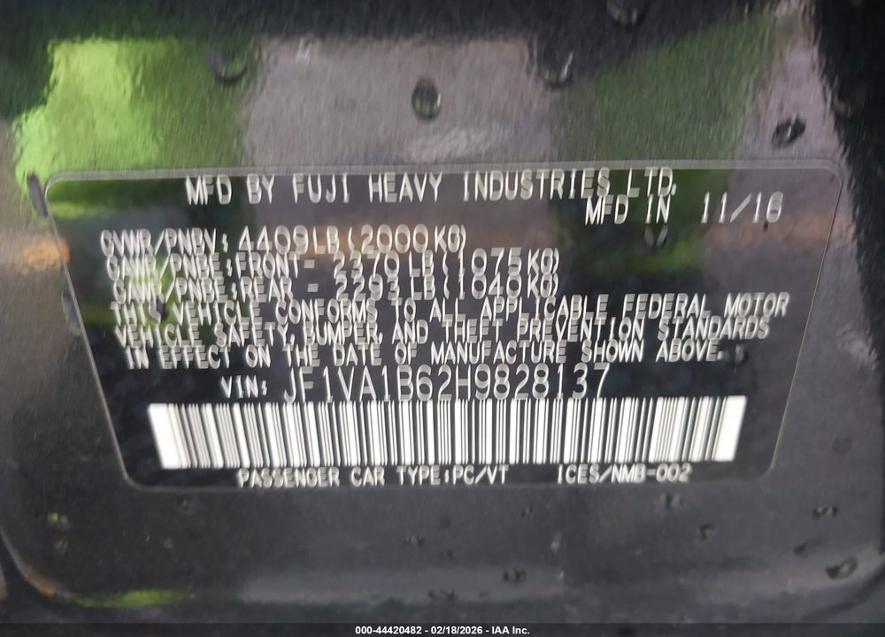 2017 SUBARU WRX VIN: JF1VA1B62H9828137