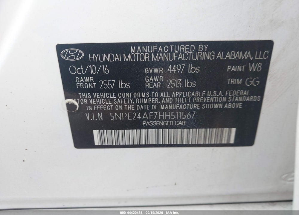 2017 HYUNDAI SONATA VIN: 5NPE24AF7HH511567