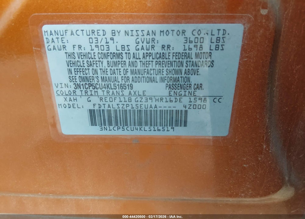 2019 NISSAN KICKS SV VIN: 3N1CP5CU4KL516519