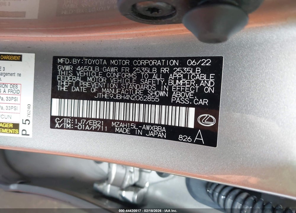 2022 LEXUS UX 250H F SPORT VIN: JTHE9JBH4N2062855
