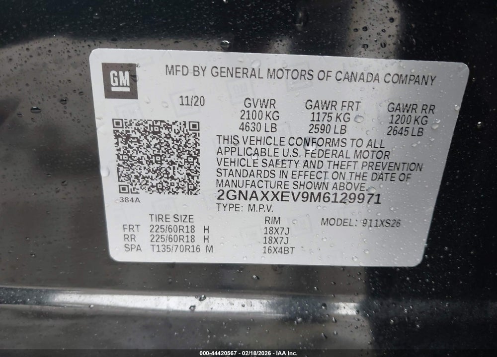 2021 CHEVROLET EQUINOX AWD PREMIER VIN: 2GNAXXEV9M6129971