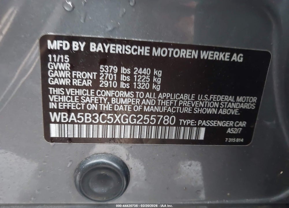 2016 BMW 535I XDRIVE VIN: WBA5B3C5XGG255780
