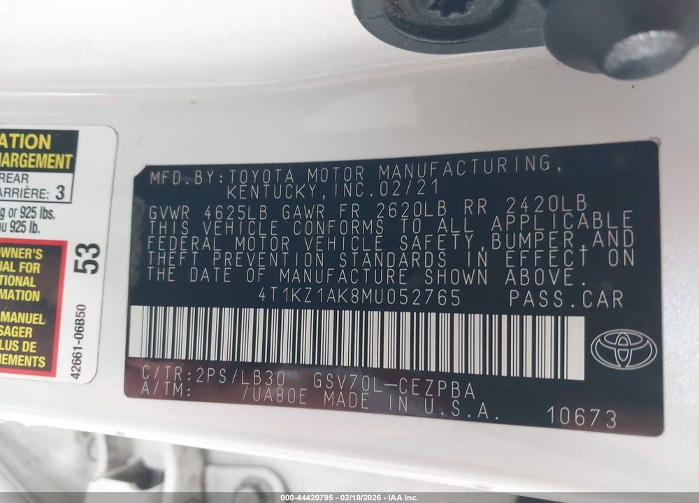 2021 TOYOTA CAMRY XSE V6 VIN: 4T1KZ1AK8MU052765