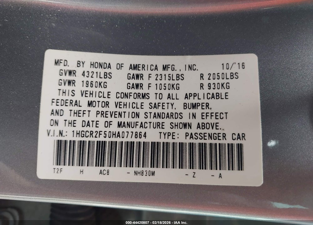 2017 HONDA ACCORD SPORT VIN: 1HGCR2F50HA077864