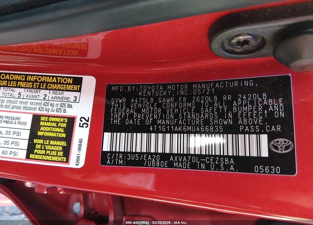 2021 TOYOTA CAMRY SE VIN: 4T1G11AK6MU466835
