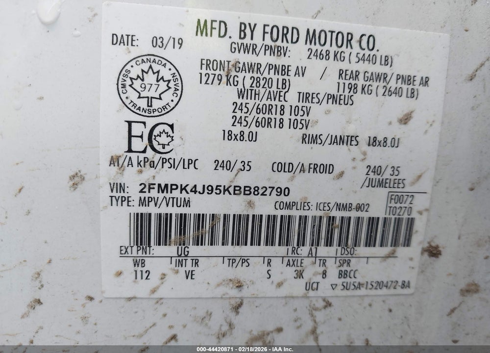 2019 FORD EDGE SEL VIN: 2FMPK4J95KBB82790