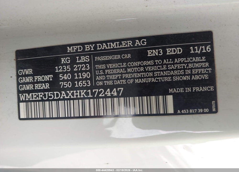 2017 SMART FORTWO PURE VIN: WMEFJ5DAXHK172447