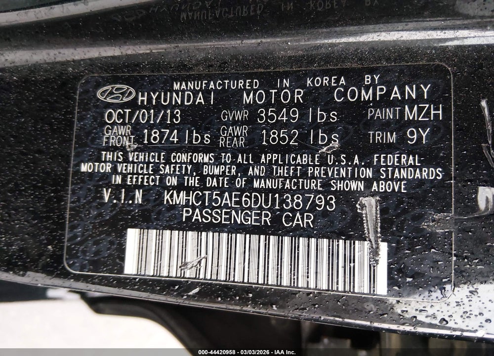 2013 HYUNDAI ACCENT GS VIN: KMHCT5AE6DU138793
