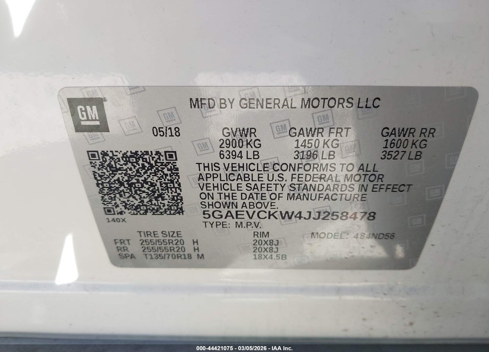 2018 BUICK ENCLAVE AVENIR VIN: 5GAEVCKW4JJ258478