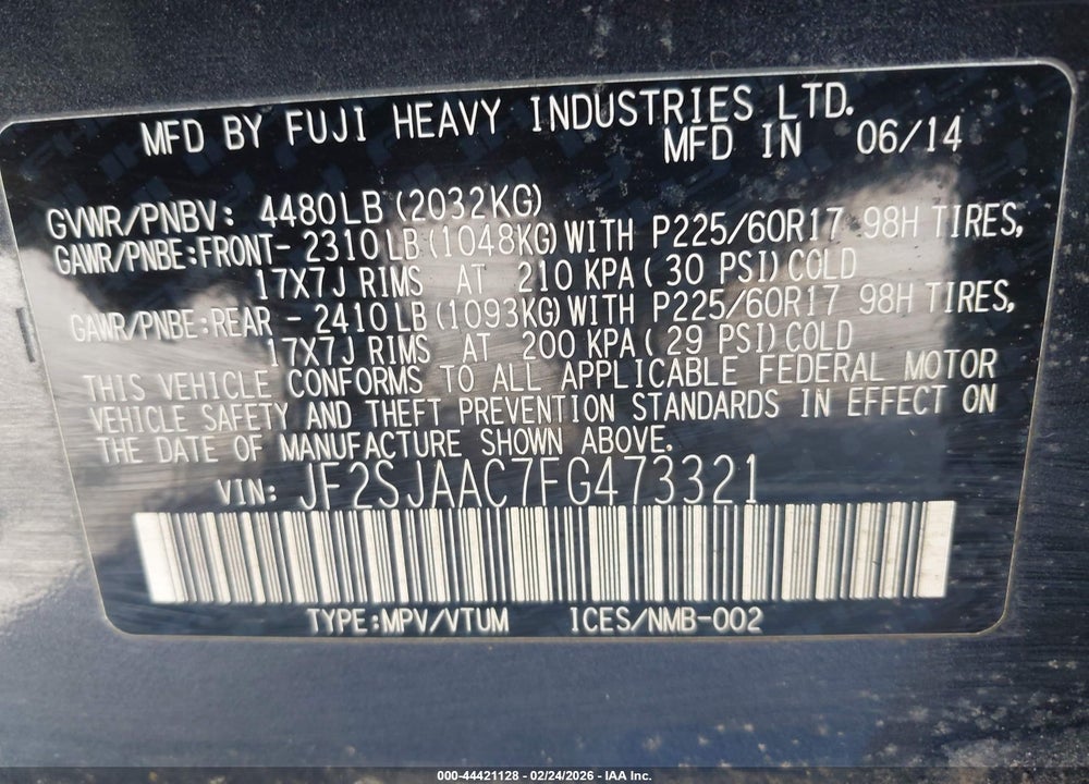 2015 SUBARU FORESTER 2.5I VIN: JF2SJAAC7FG473321