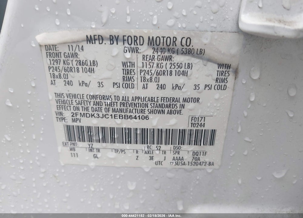 2014 FORD EDGE SEL VIN: 2FMDK3JC1EBB64106