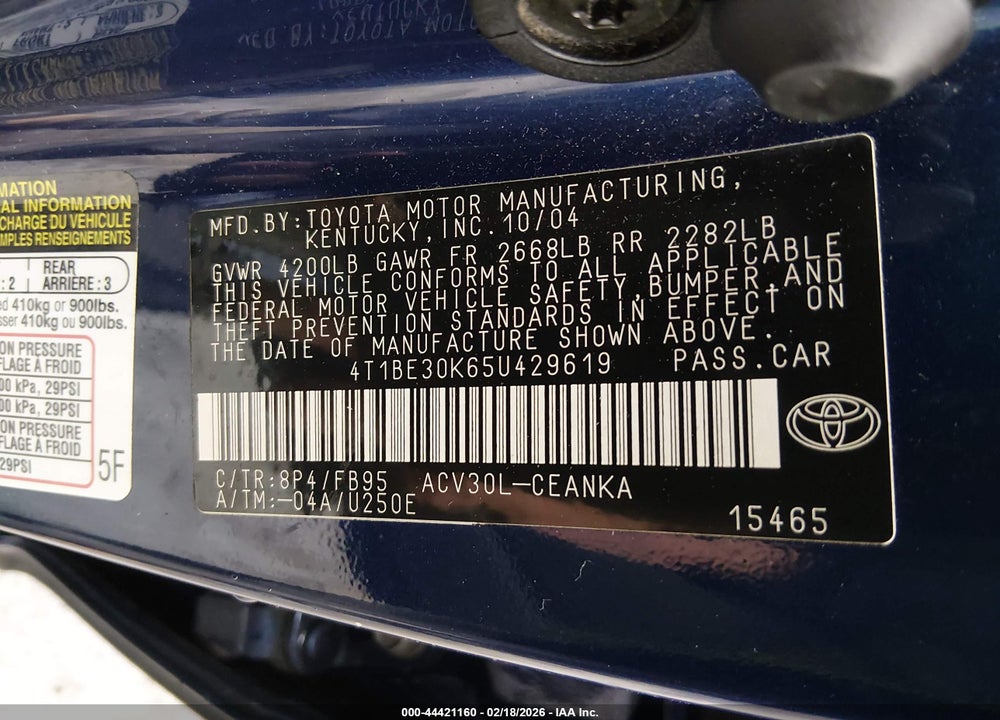 2005 TOYOTA CAMRY LE VIN: 4T1BE30K65U429619